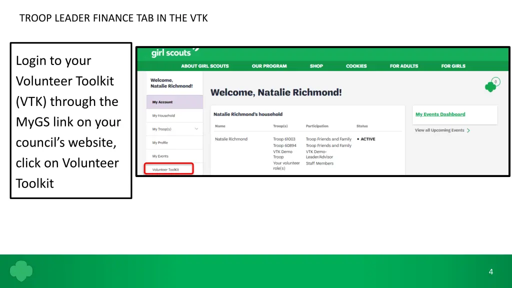 troop leader finance tab in the vtk