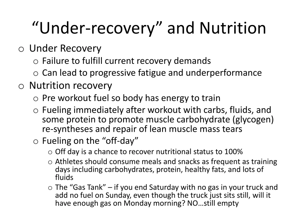 under recovery and nutrition o under recovery