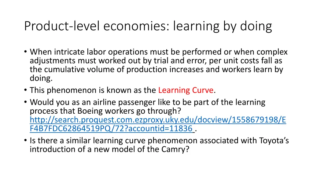 product level economies learning by doing