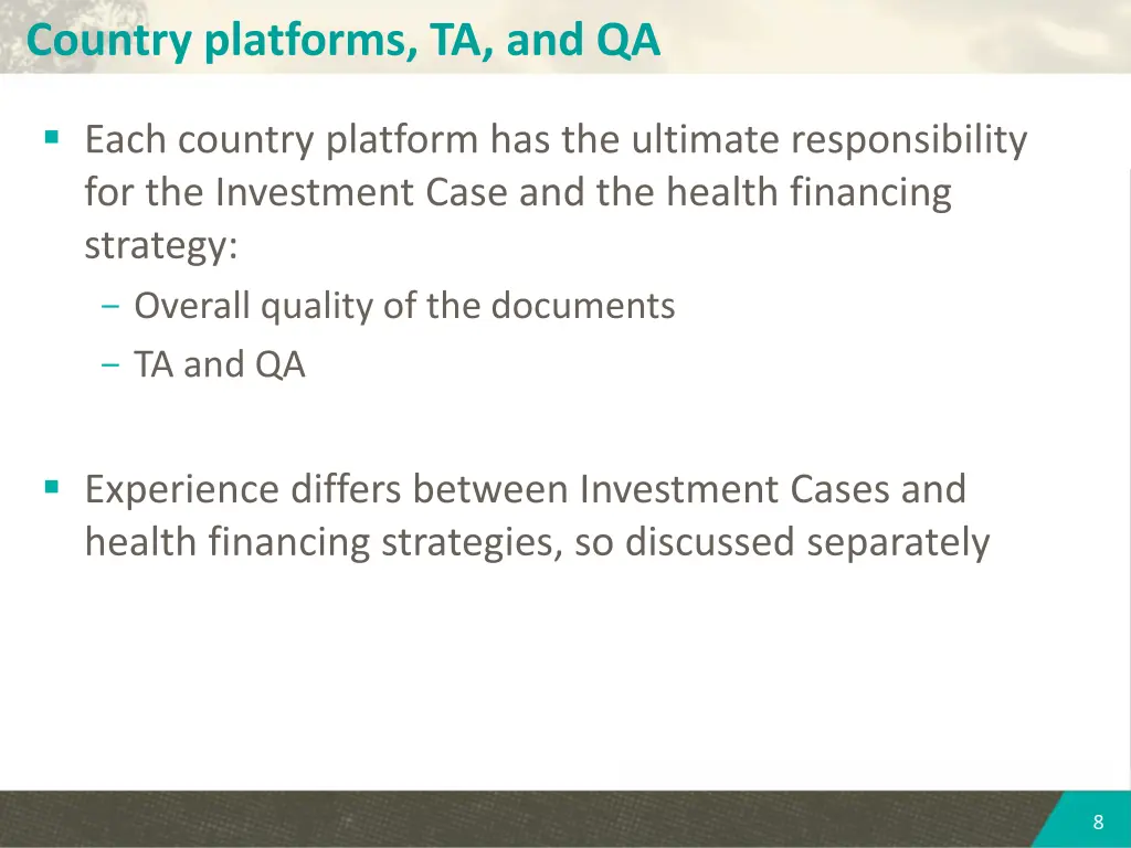 country platforms ta and qa