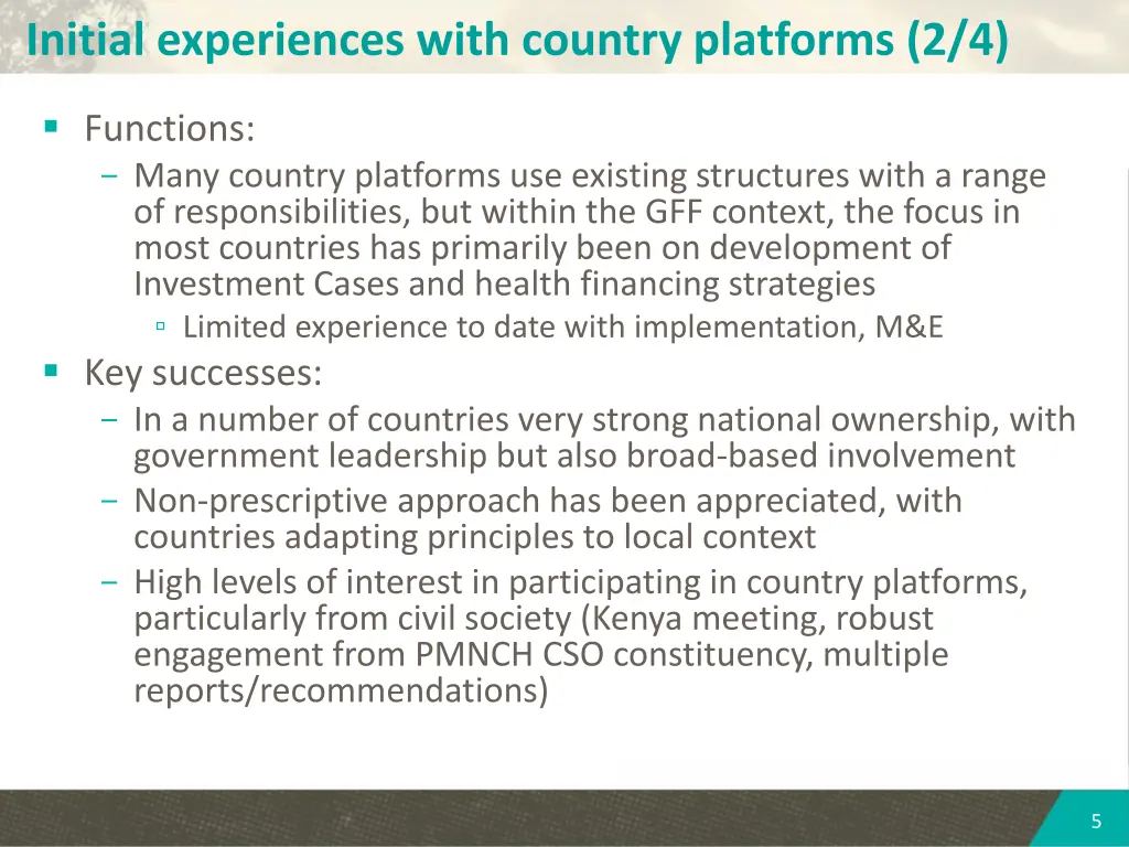 initial experiences with country platforms 2 4