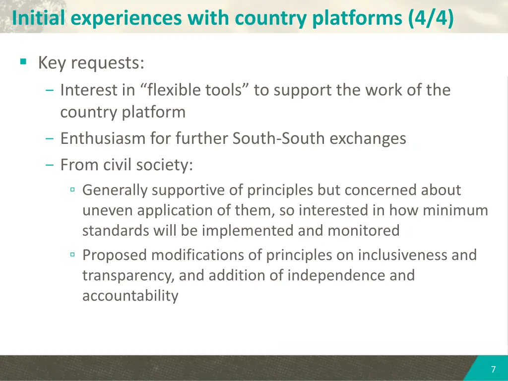 initial experiences with country platforms 4 4