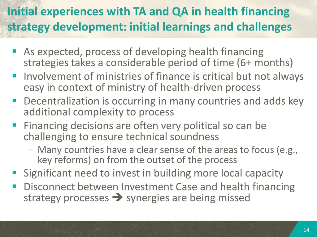 initial experiences with ta and qa in health 1