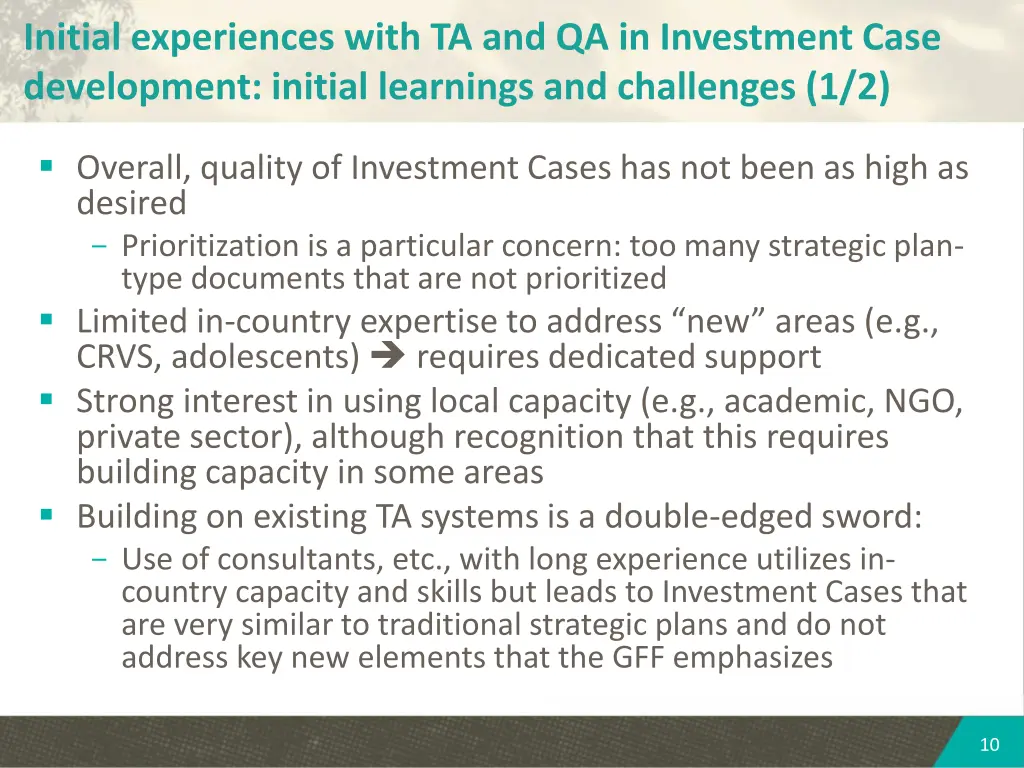 initial experiences with ta and qa in investment 1