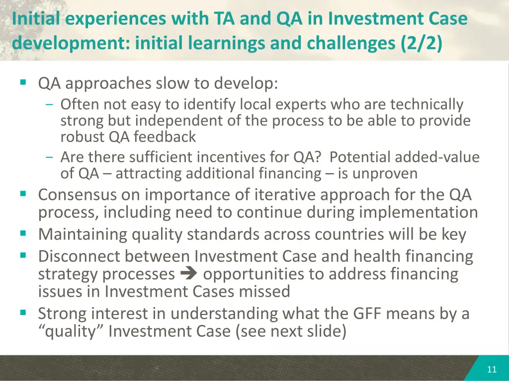 initial experiences with ta and qa in investment 2