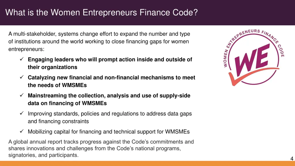 what is the women entrepreneurs finance code