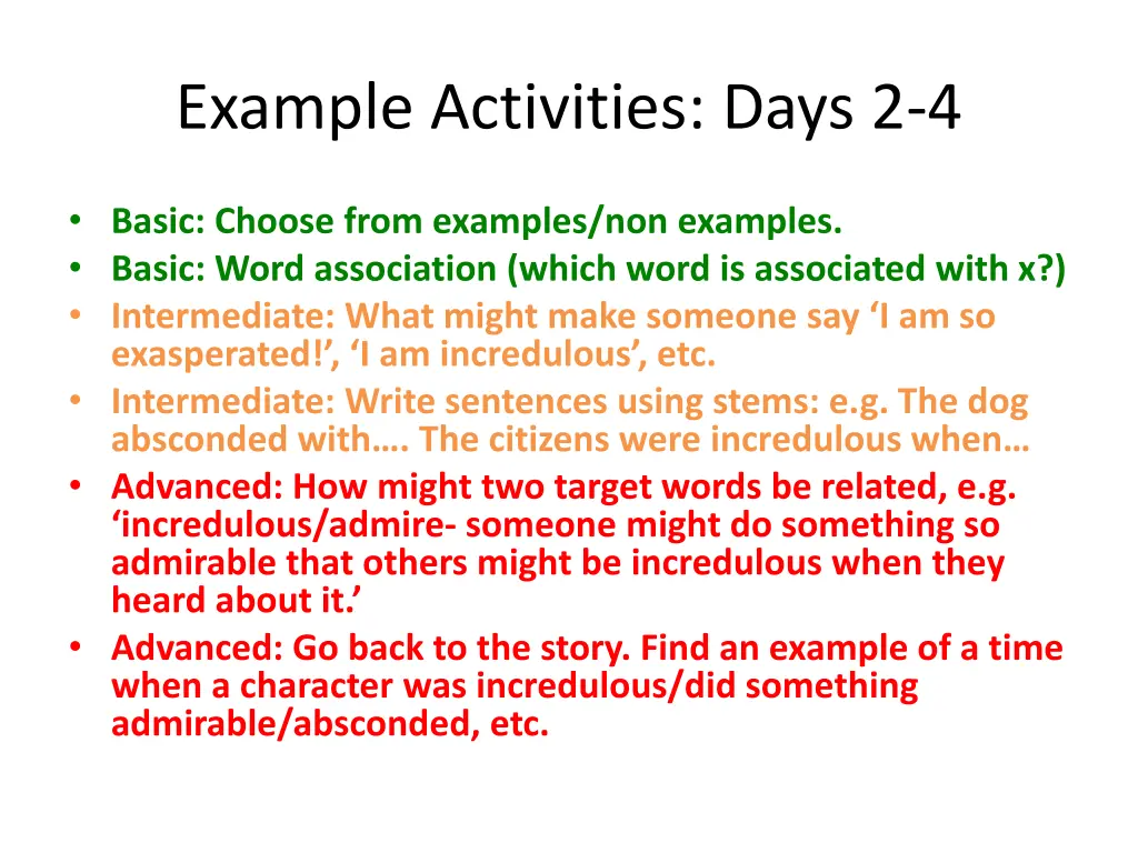 example activities days 2 4