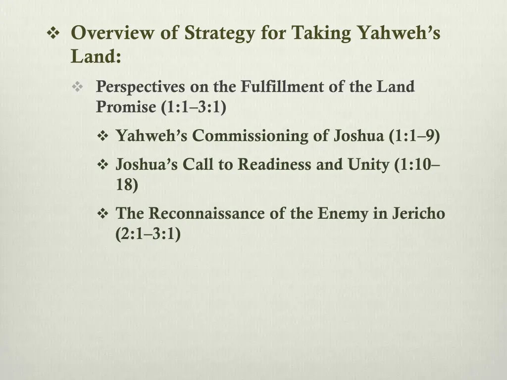 overview of strategy for taking yahweh s land