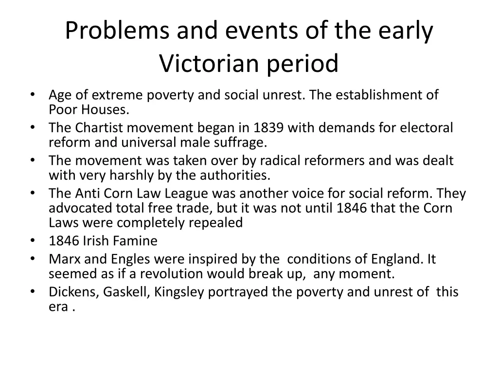 problems and events of the early victorian period