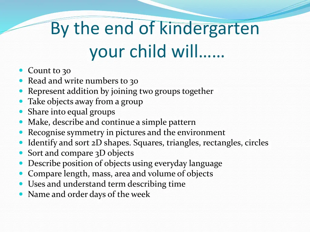 by the end of kindergarten your child will