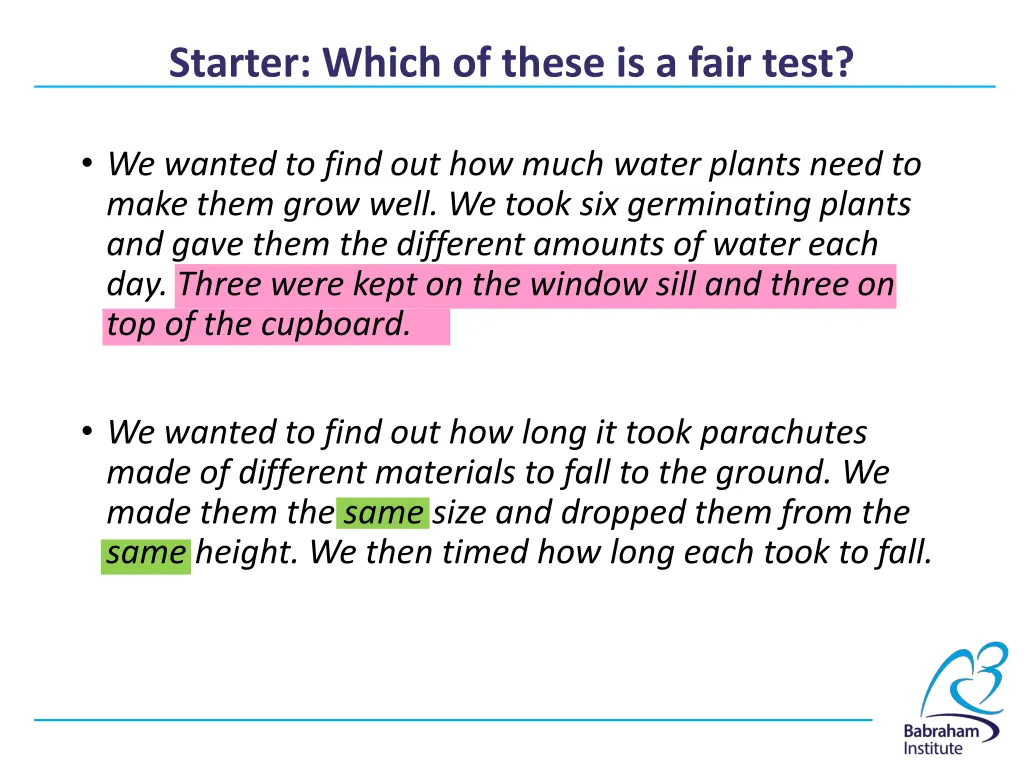 starter which of these is a fair test