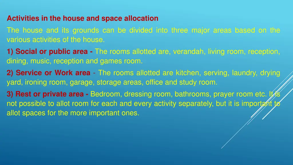 activities in the house and space allocation