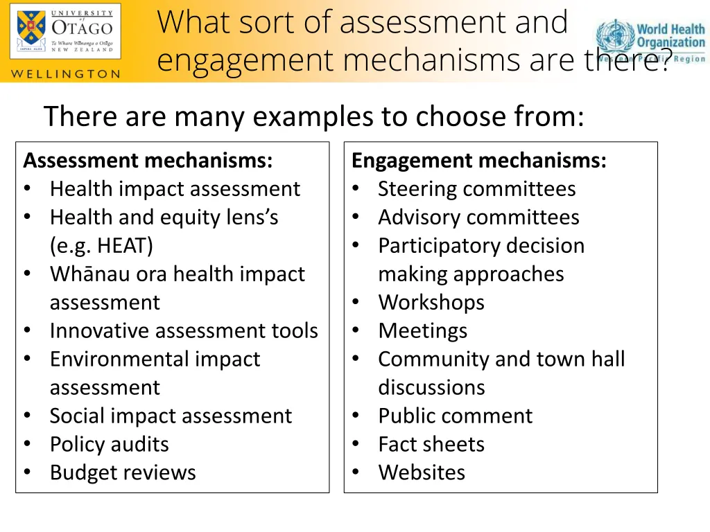 what sort of assessment and engagement mechanisms