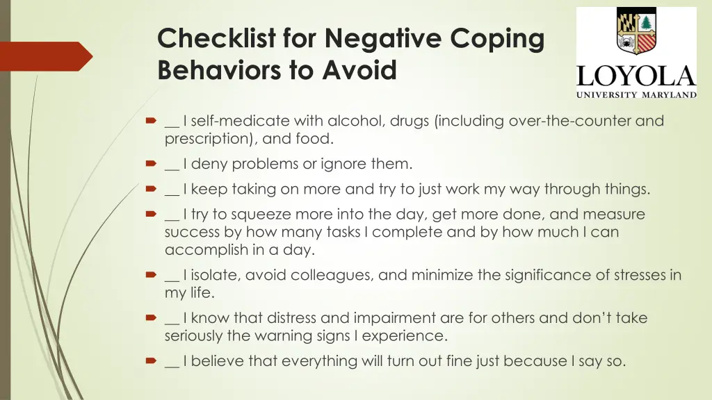 checklist for negative coping behaviors to avoid