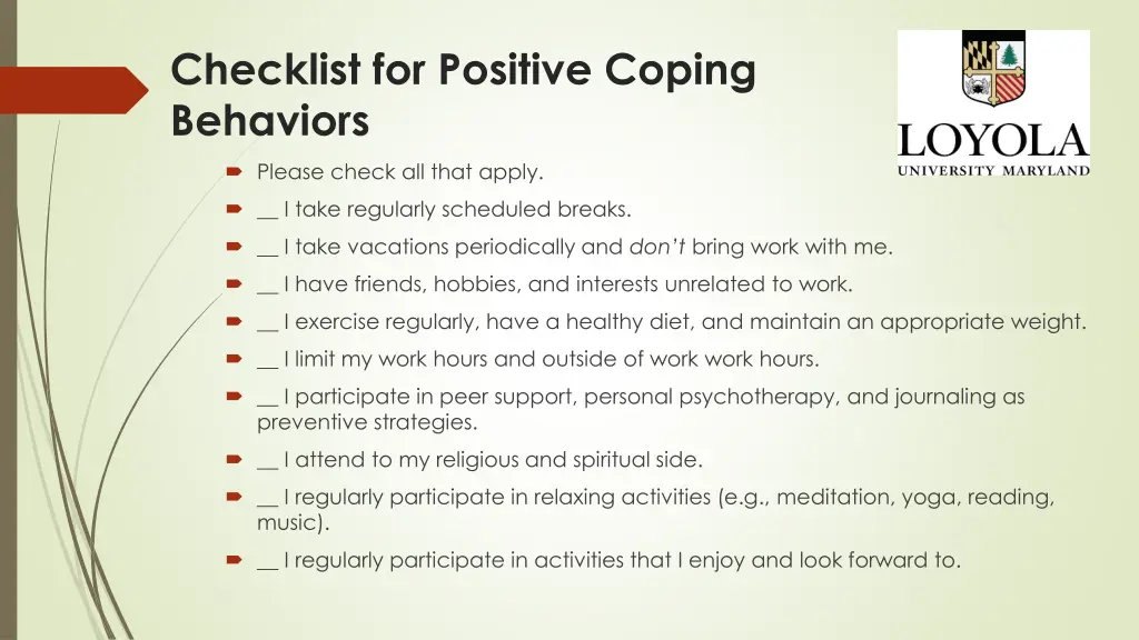 checklist for positive coping behaviors