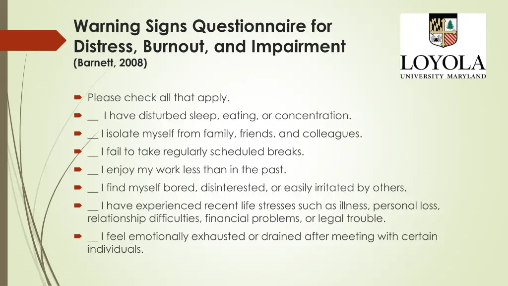 warning signs questionnaire for distress burnout