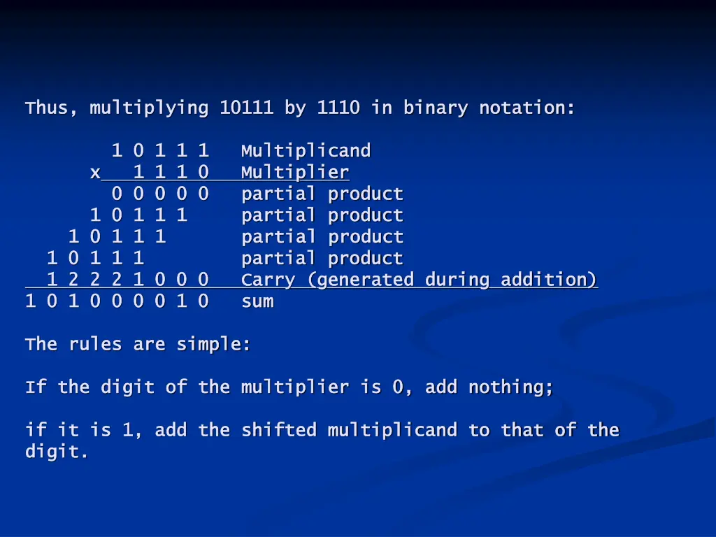 thus multiplying 10111 by 1110 in binary notation