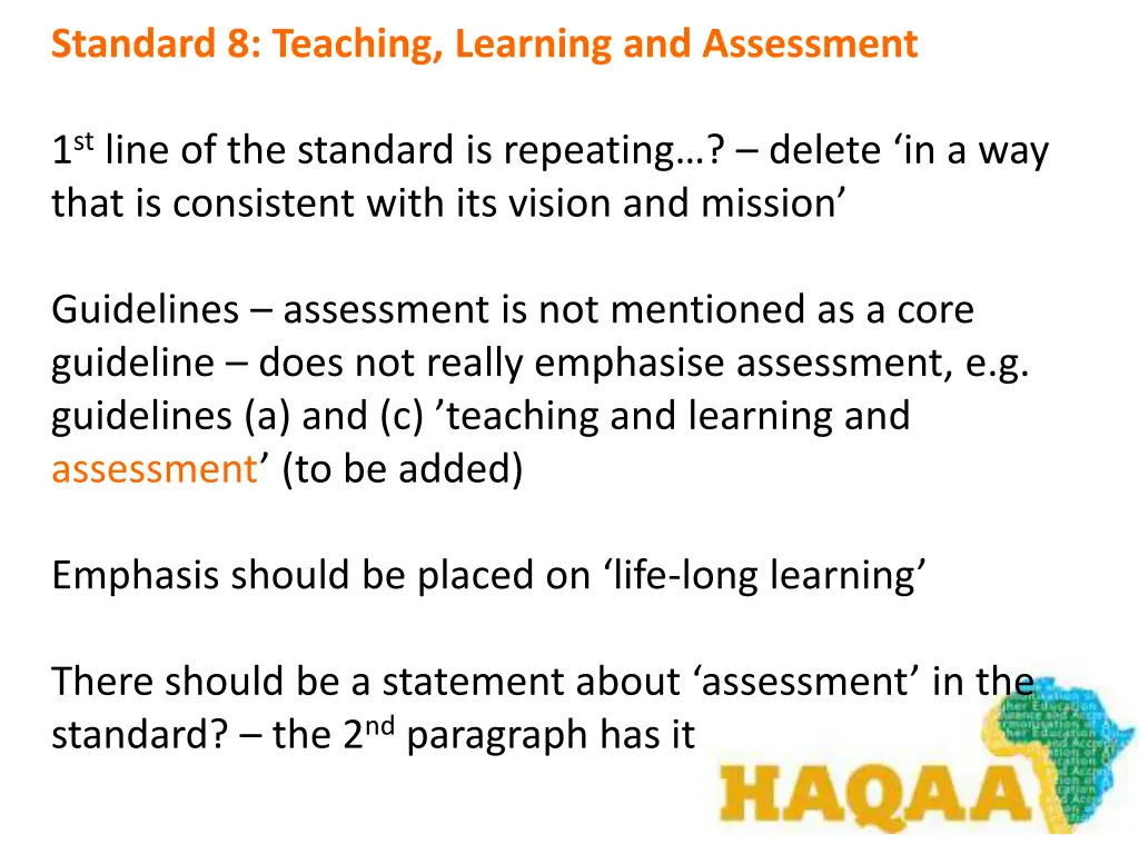 standard 8 teaching learning and assessment