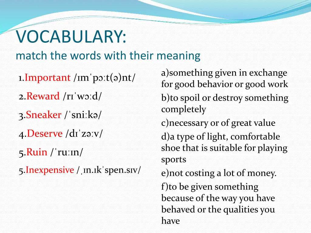 vocabulary match the words with their meaning