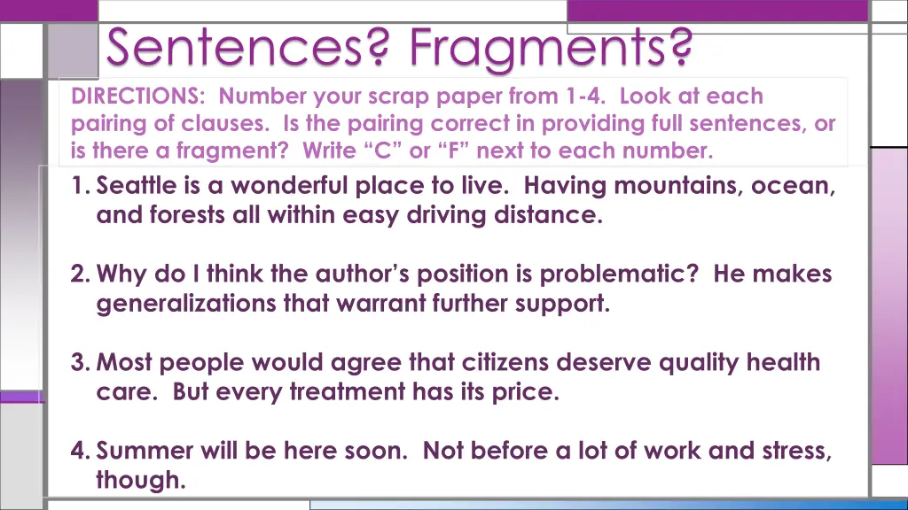 sentences fragments directions number your scrap