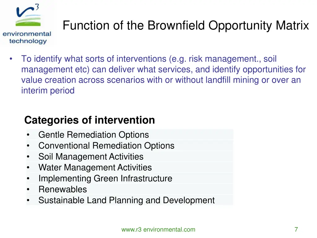 function of the brownfield opportunity matrix