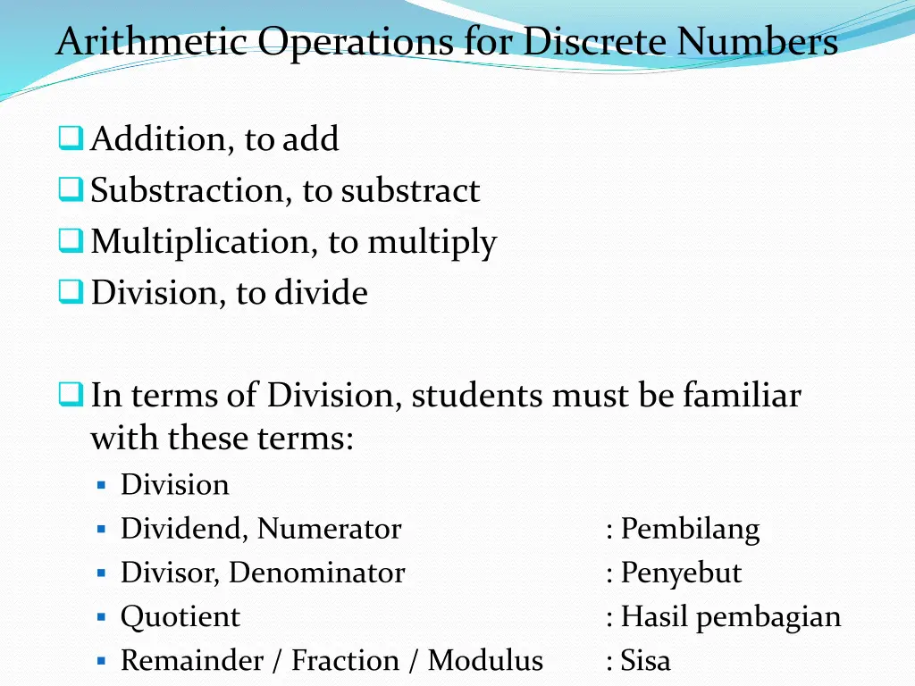 arithmetic operations for discrete numbers