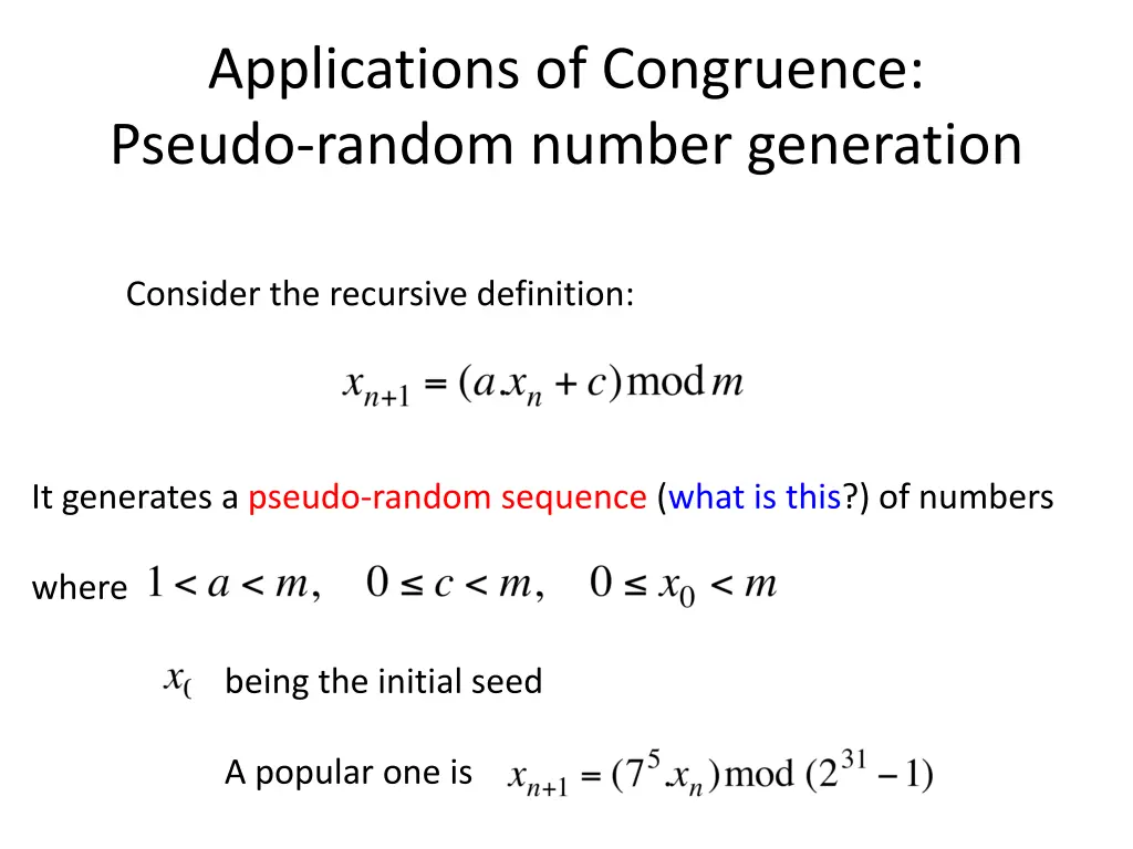 applications of congruence pseudo random number