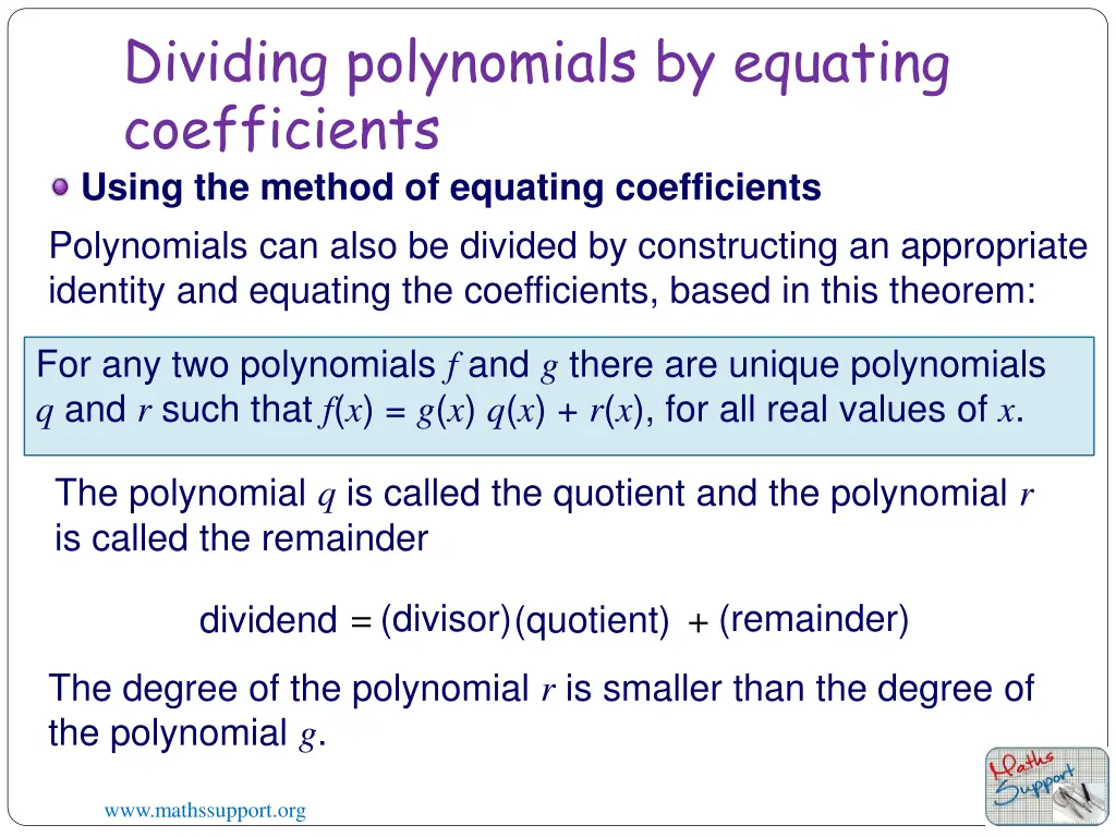 dividing polynomials by equating coefficients