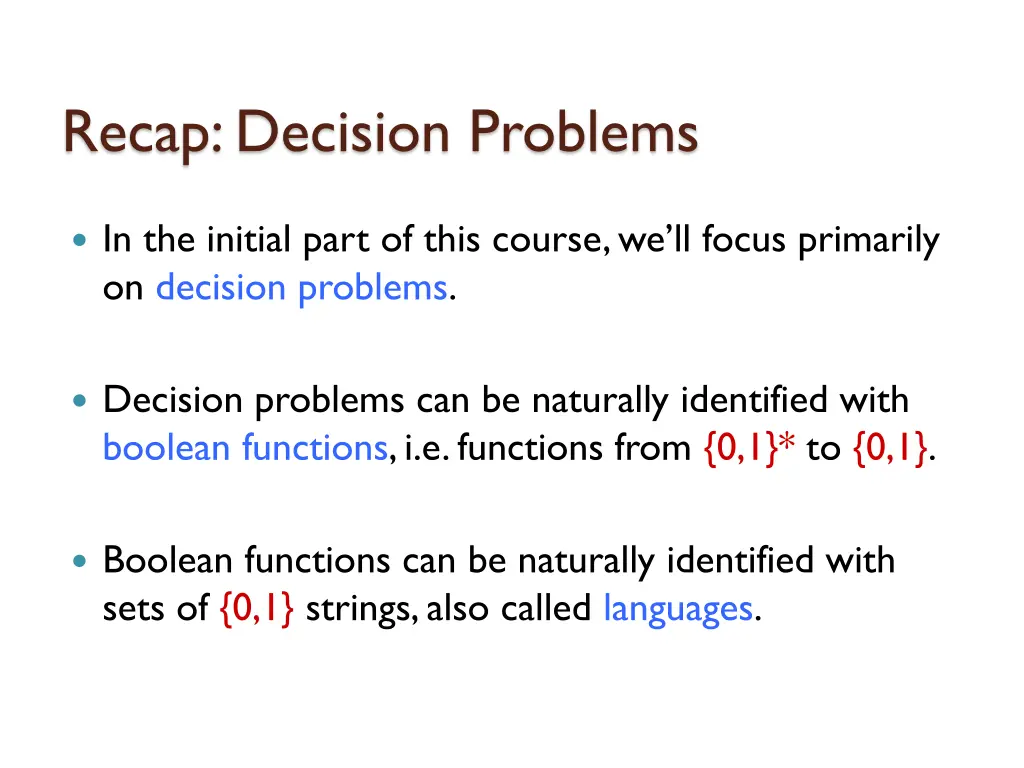 recap decision problems