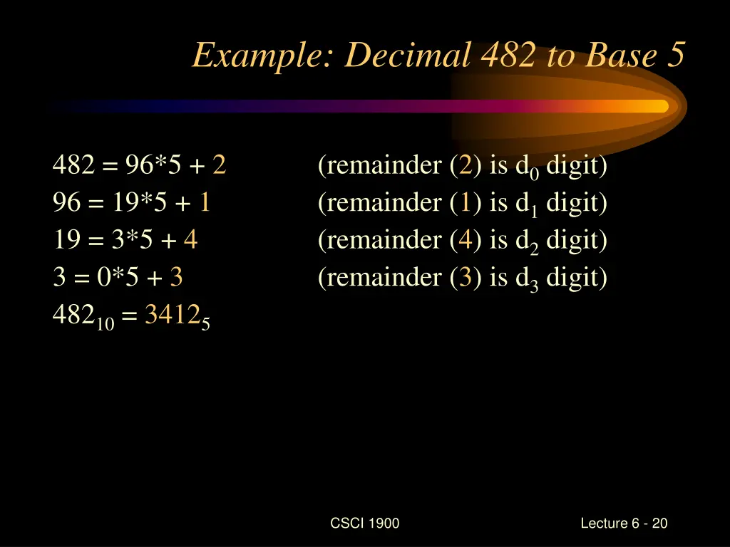 example decimal 482 to base 5