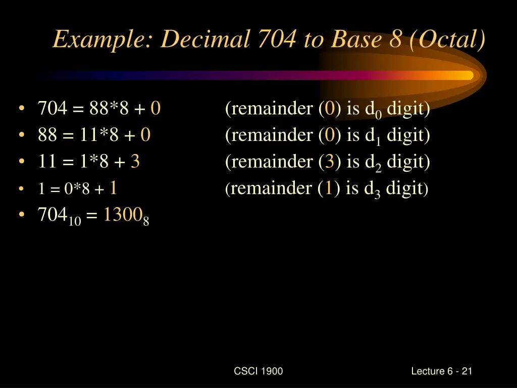 example decimal 704 to base 8 octal