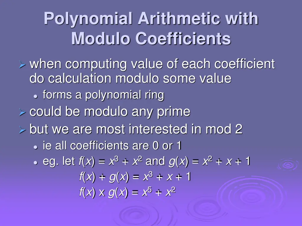 polynomial arithmetic with modulo coefficients