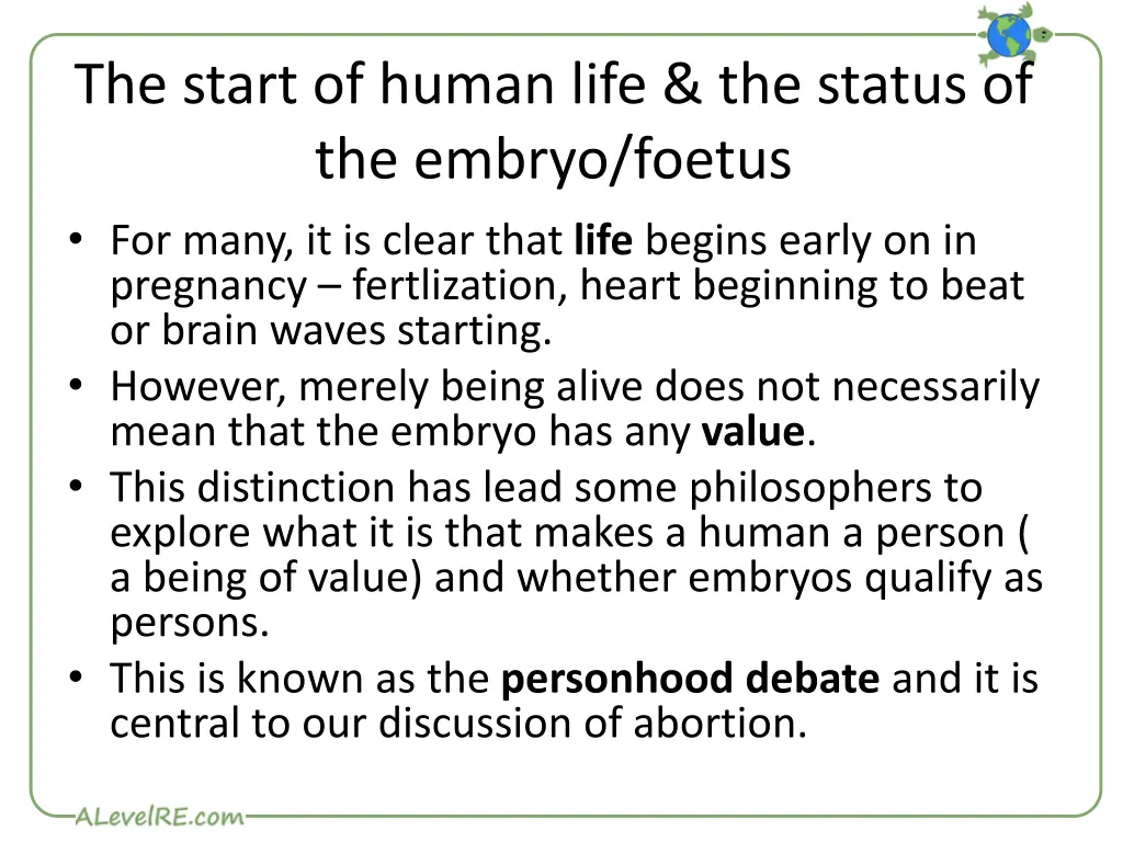 the start of human life the status of the embryo