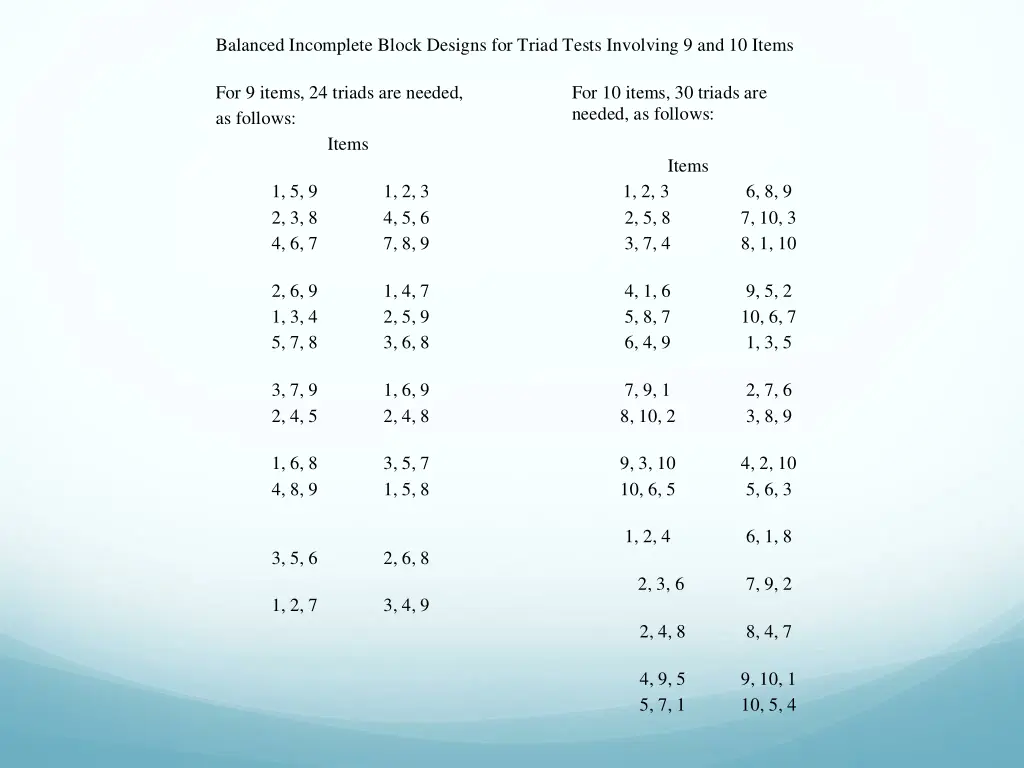 balanced incomplete block designs for triad tests