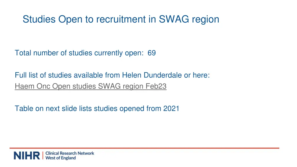 studies open to recruitment in swag region