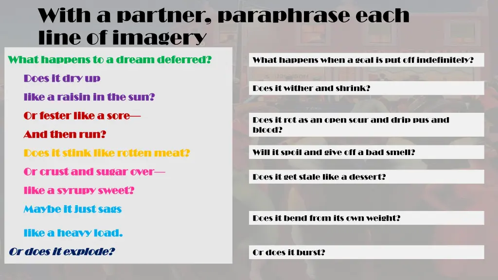 with a partner paraphrase each line of imagery