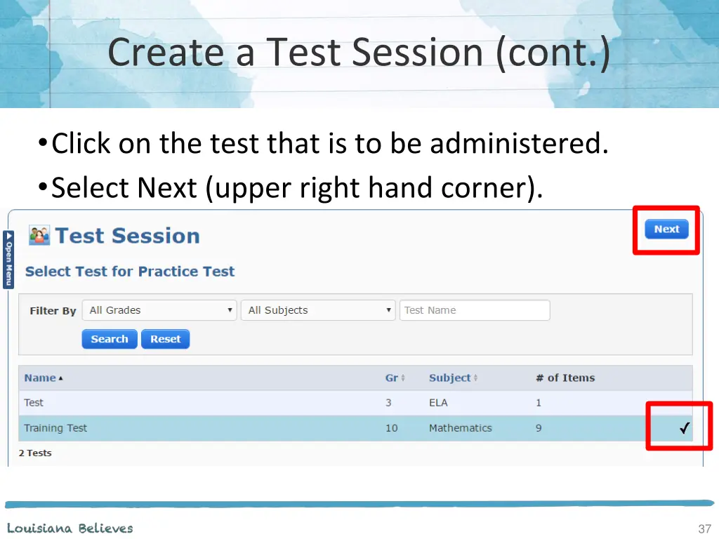 create a test session cont 1