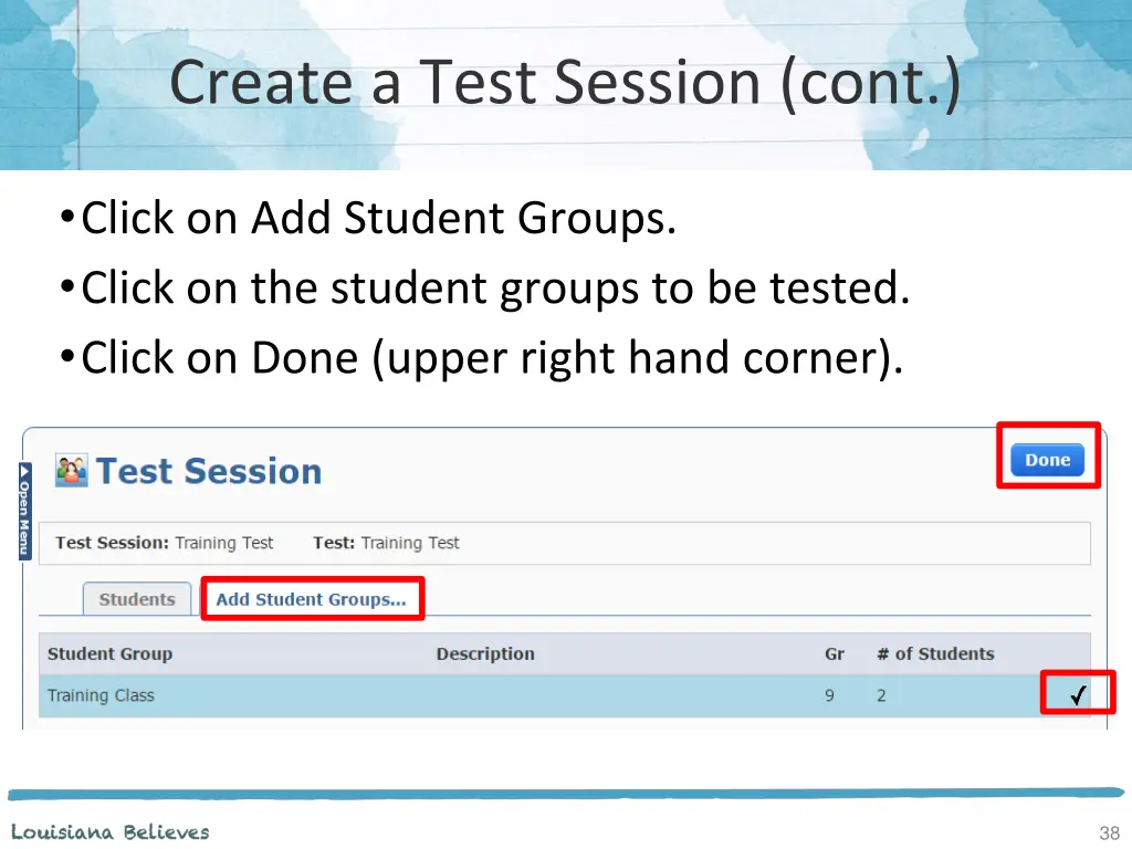 create a test session cont 2