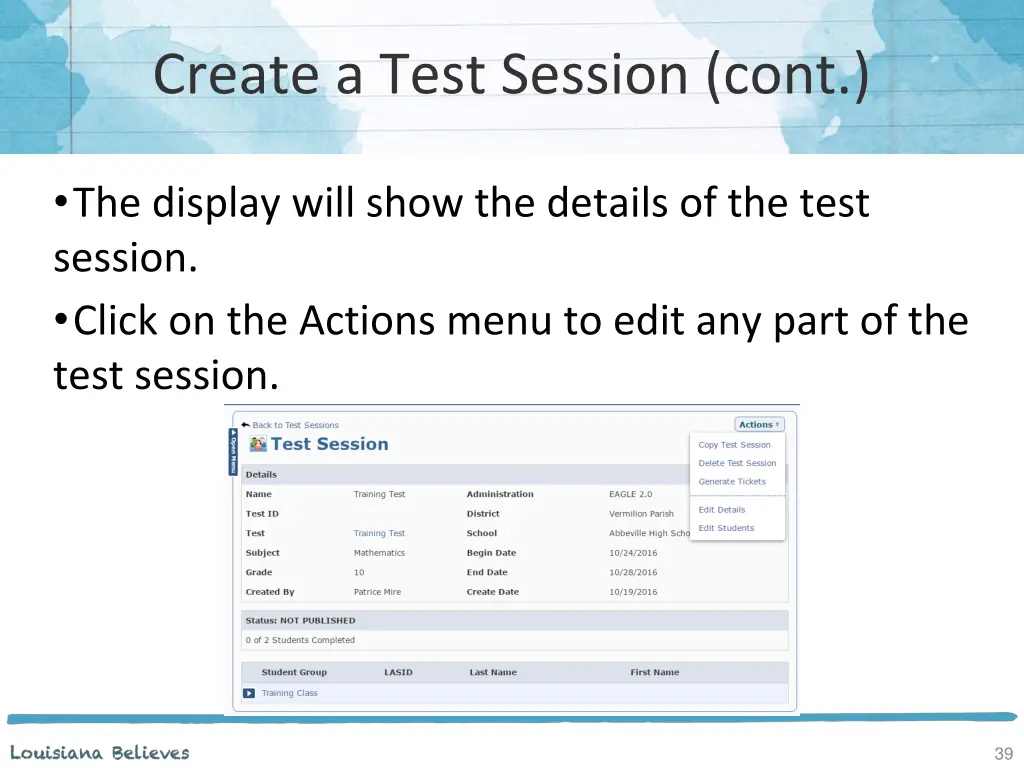 create a test session cont 3