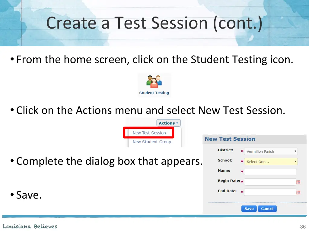 create a test session cont