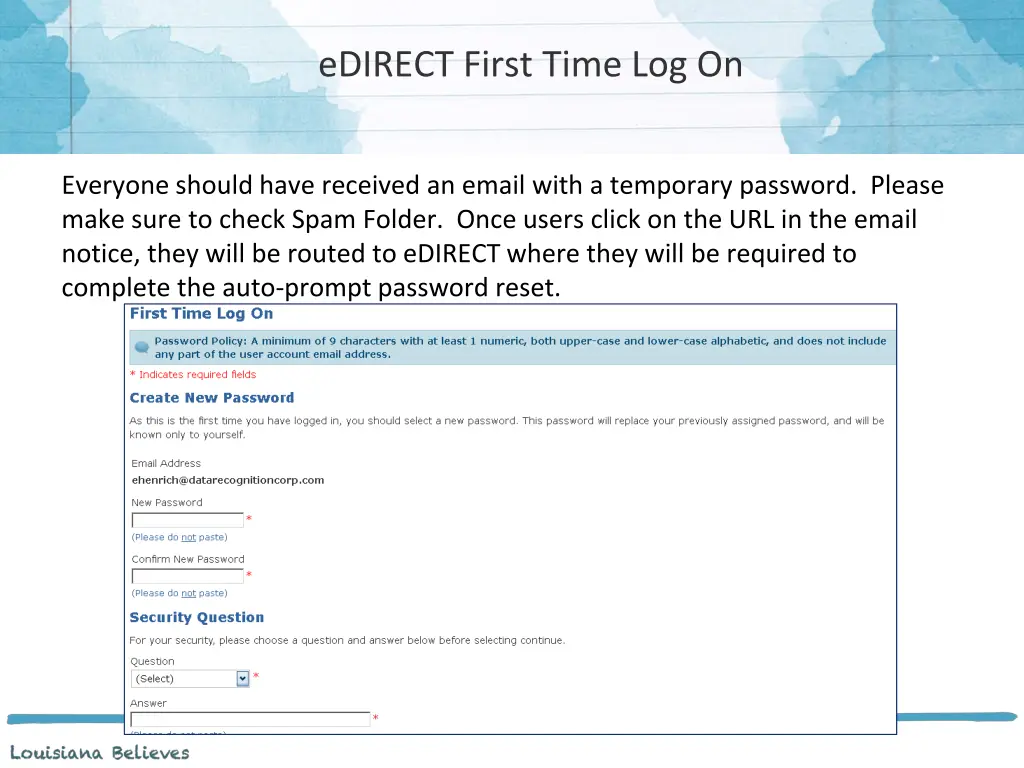 edirect first time log on