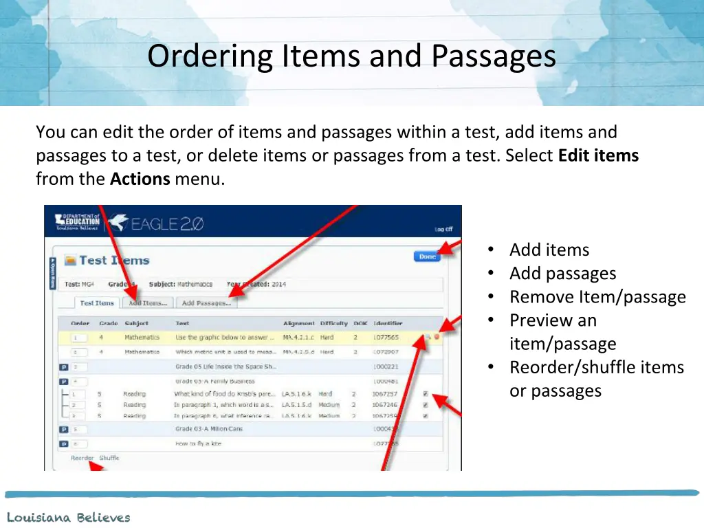 ordering items and passages