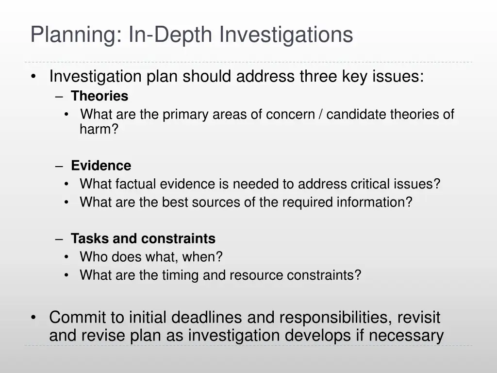 planning in depth investigations