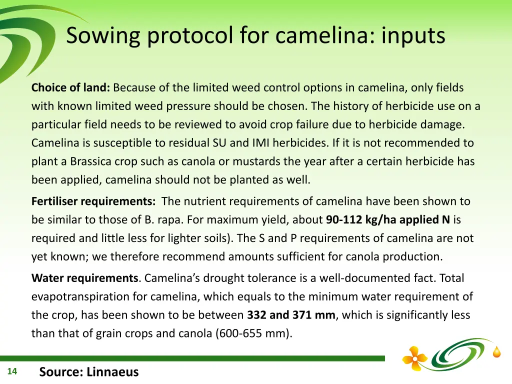 sowing protocol for camelina inputs