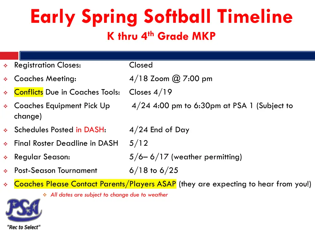 early spring softball timeline k thru 4 th grade