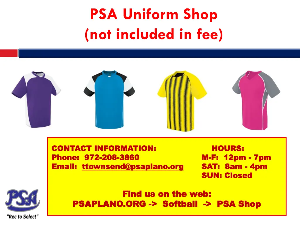 psa uniform shop not included in fee