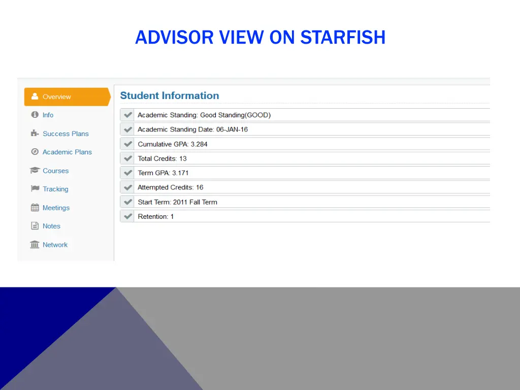 advisor view on starfish