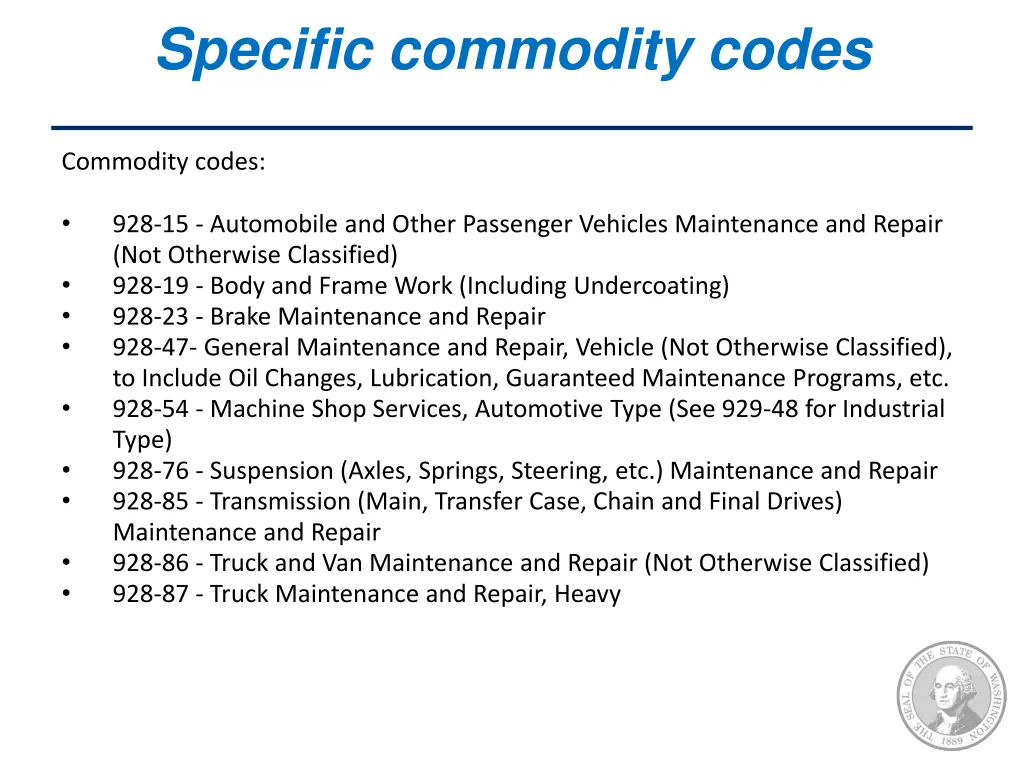 specific commodity codes