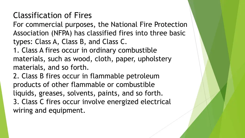 classification of fires for commercial purposes