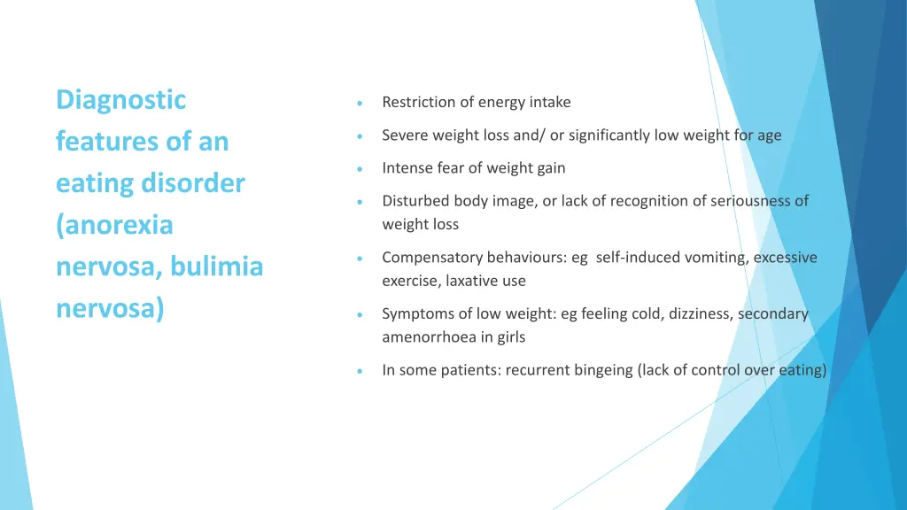 diagnostic features of an eating disorder